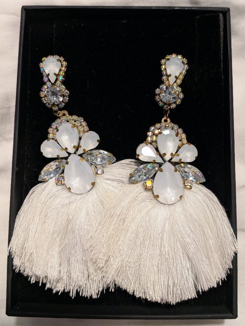 White Crystal Tassel Statement Earrings